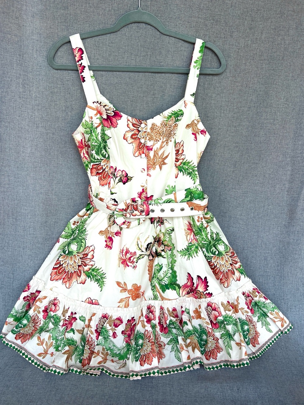 Caroline Constas Belted floral mini sundress cream green burgundy caramel size S